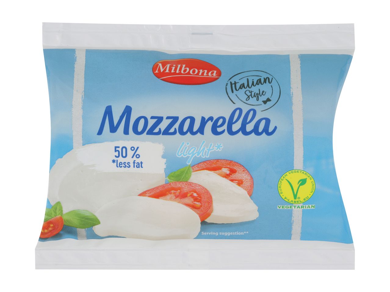 Paket Milbona Mozzarella Light z 50 % manj maščobe, italijanski slog.