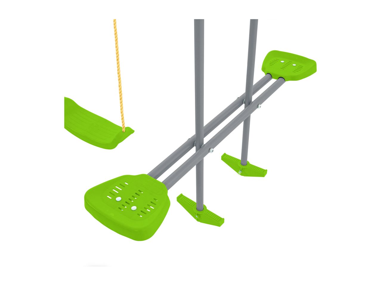 A lime green seesaw with two seats and two swings.