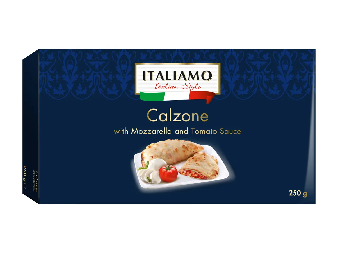 ITALIAMO Calzone with Mozzarella and Tomato Sauce, 250g packaging.