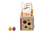 Wooden activity cube with a bead maze, shape sorter, and forest animal illustrations.