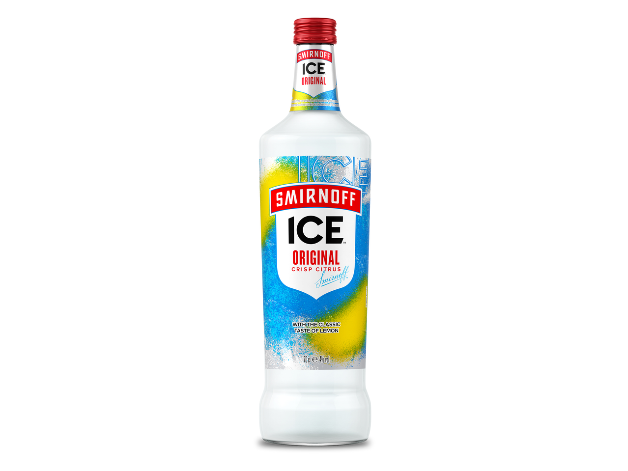 Fles met een wit etiket met blauwe en gele spetters, met de tekst 'ICE ORIGINAL CRISP CITRUS'.