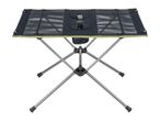 Portable camping table with a black mesh top, two cup holders, and a collapsible metal frame.