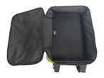 Open black and lime green wheeled luggage with a textile label inside.
