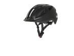 Black bicycle helmet with reflective straps and a red buckle.