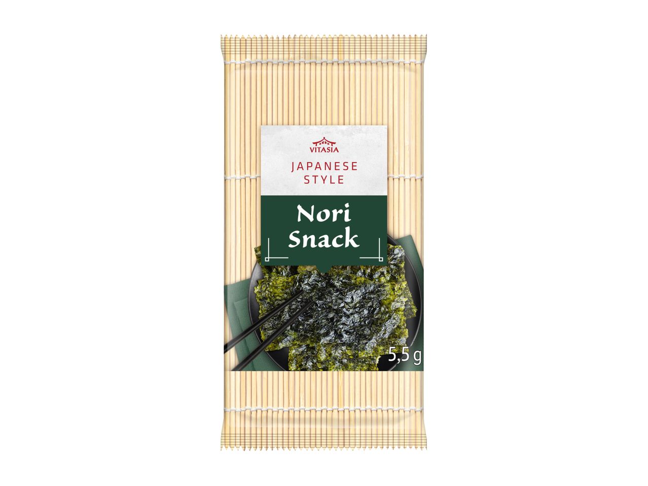 Vitasia Japanese Style Nori Snack, 5.5g, on a bamboo mat background