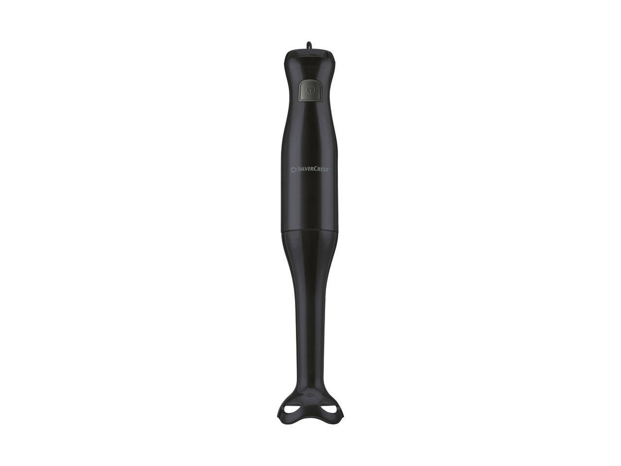 A black SilverCrest immersion blender with a gray button on a white background.
