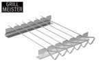 A stainless steel skewer rack with six skewers, designed for grilling.