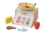 Wooden toy scale with play food including banana, carrot, cheese, fish, and chicken.
