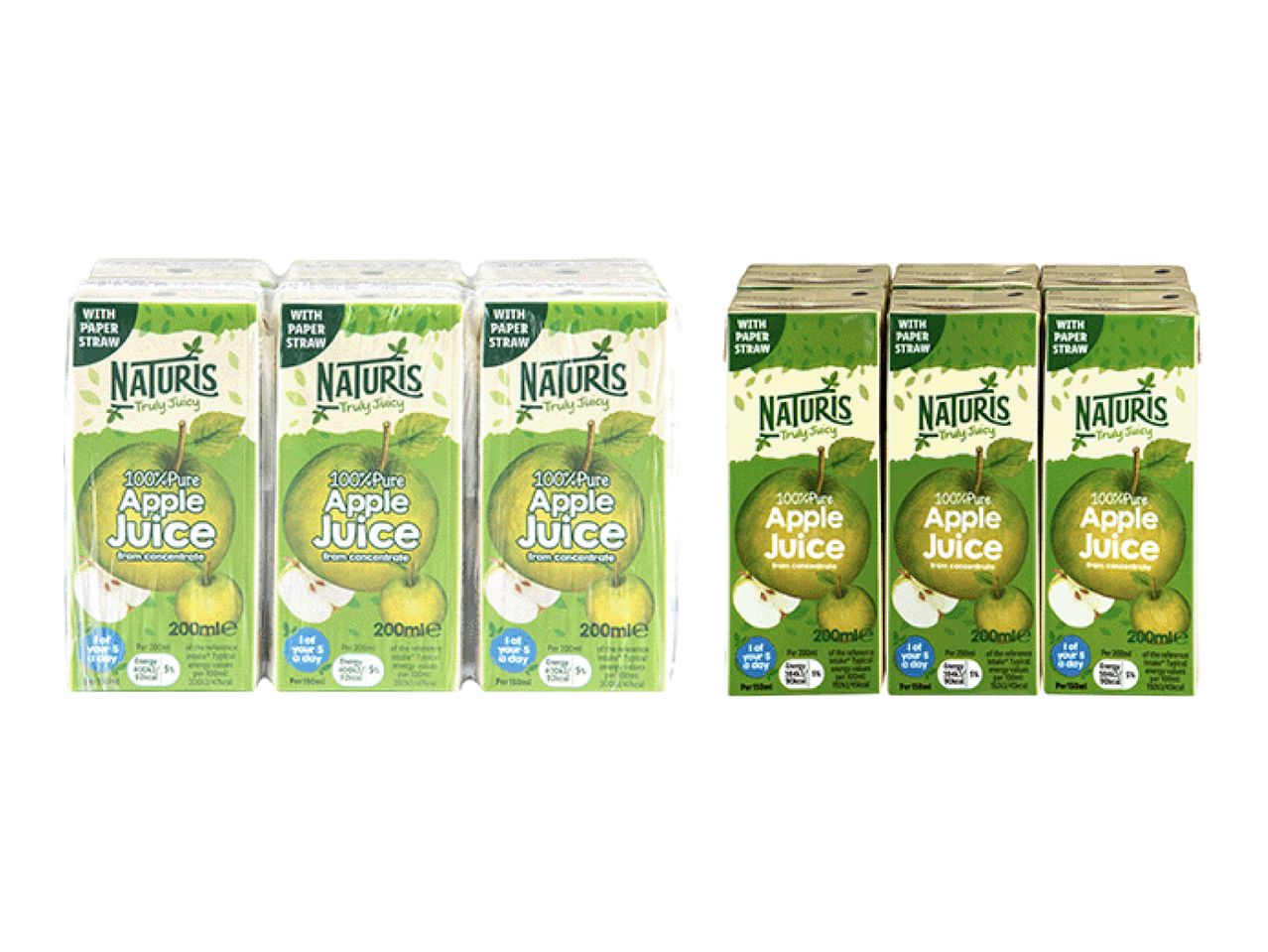 Packs of 100% pure apple juice with paper straws, 200ml each.