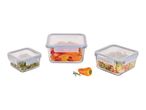Three glass food storage containers with various foods, a mini pepper, and thyme sprigs.