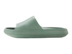 Side view of a single light green textured slide sandal with a thick sole.