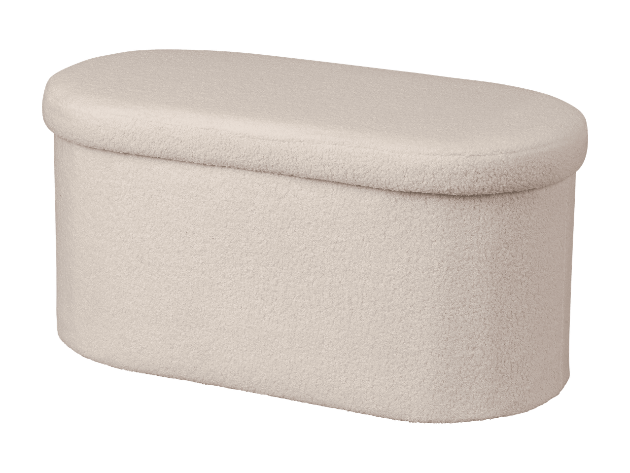 Un pouf ou repose-pieds bouclé ovale blanc cassé avec une surface texturée.
