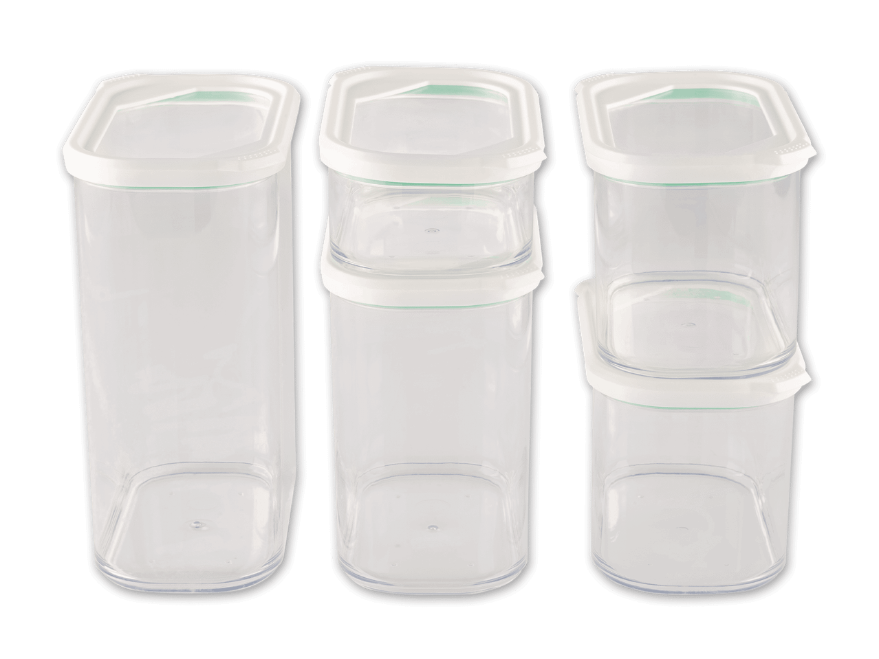 Drei transparente Frischhaltedosen mit weißen Deckeln, zwei davon gestapelt.