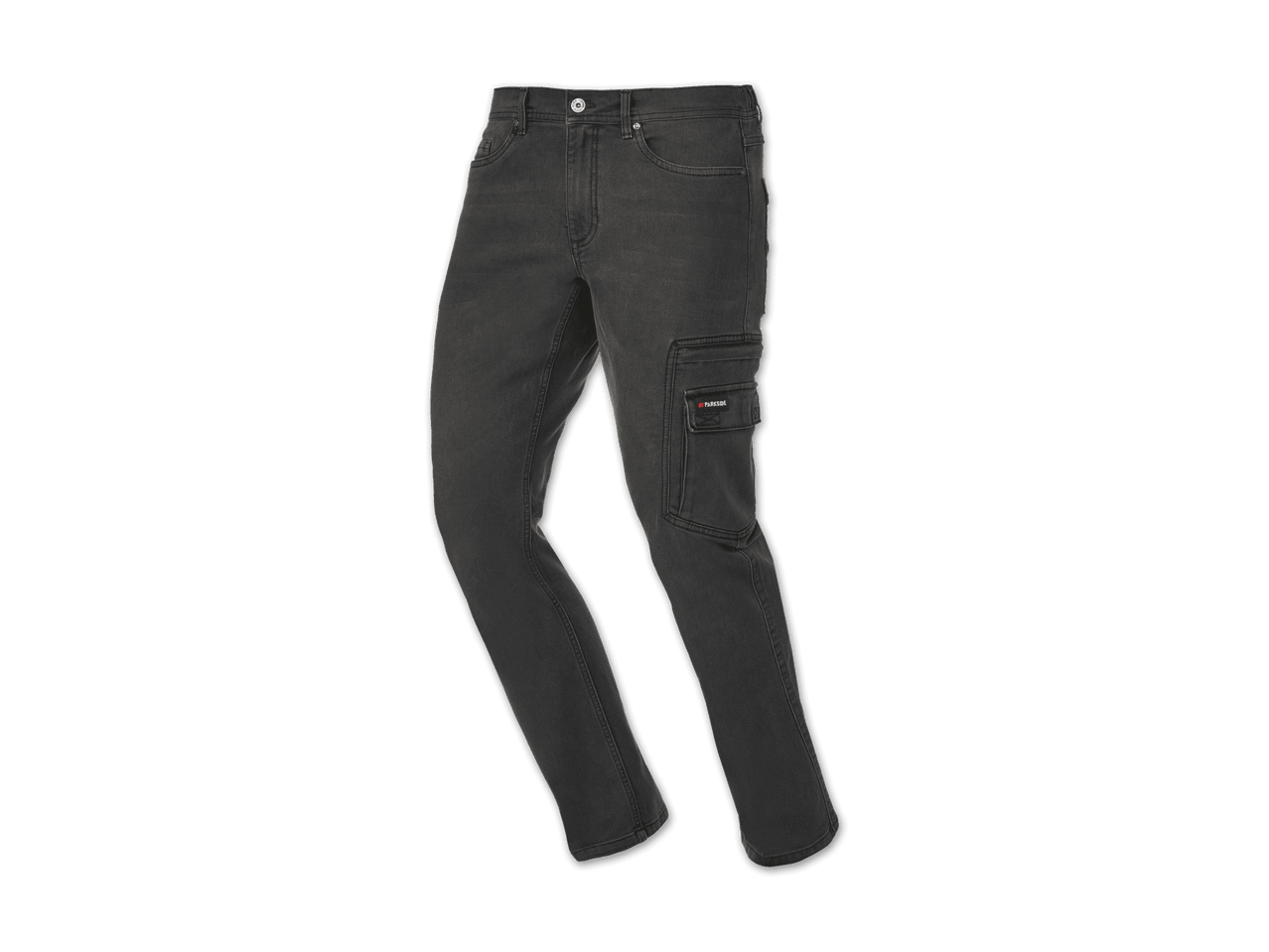Dunkelgraue Herren-Cargohose mit Seitentasche und rotem Etikett