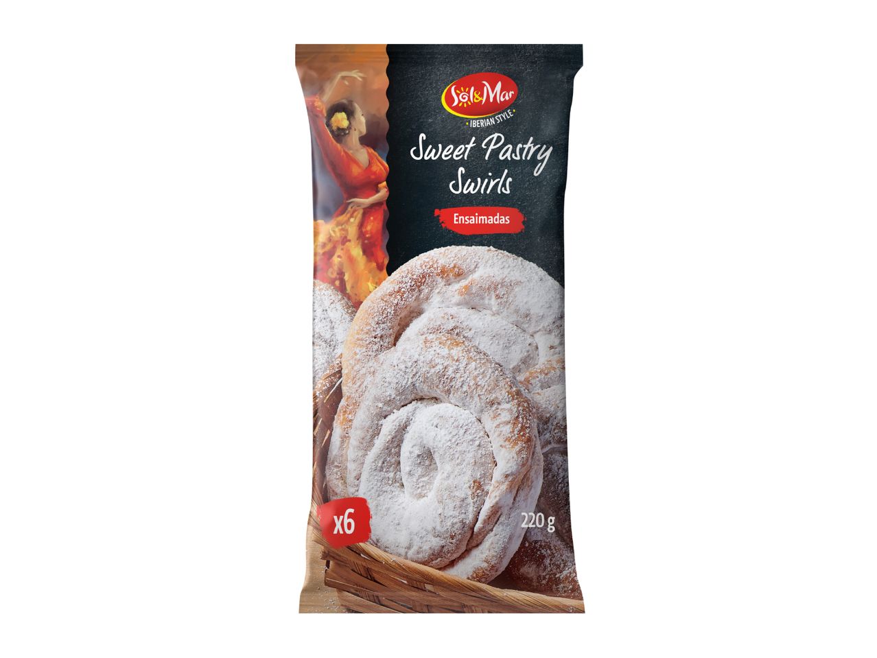 Packaging for sweet pastry swirls (ensaimadas) with a flamenco dancer illustration, 6 pieces, 220g.