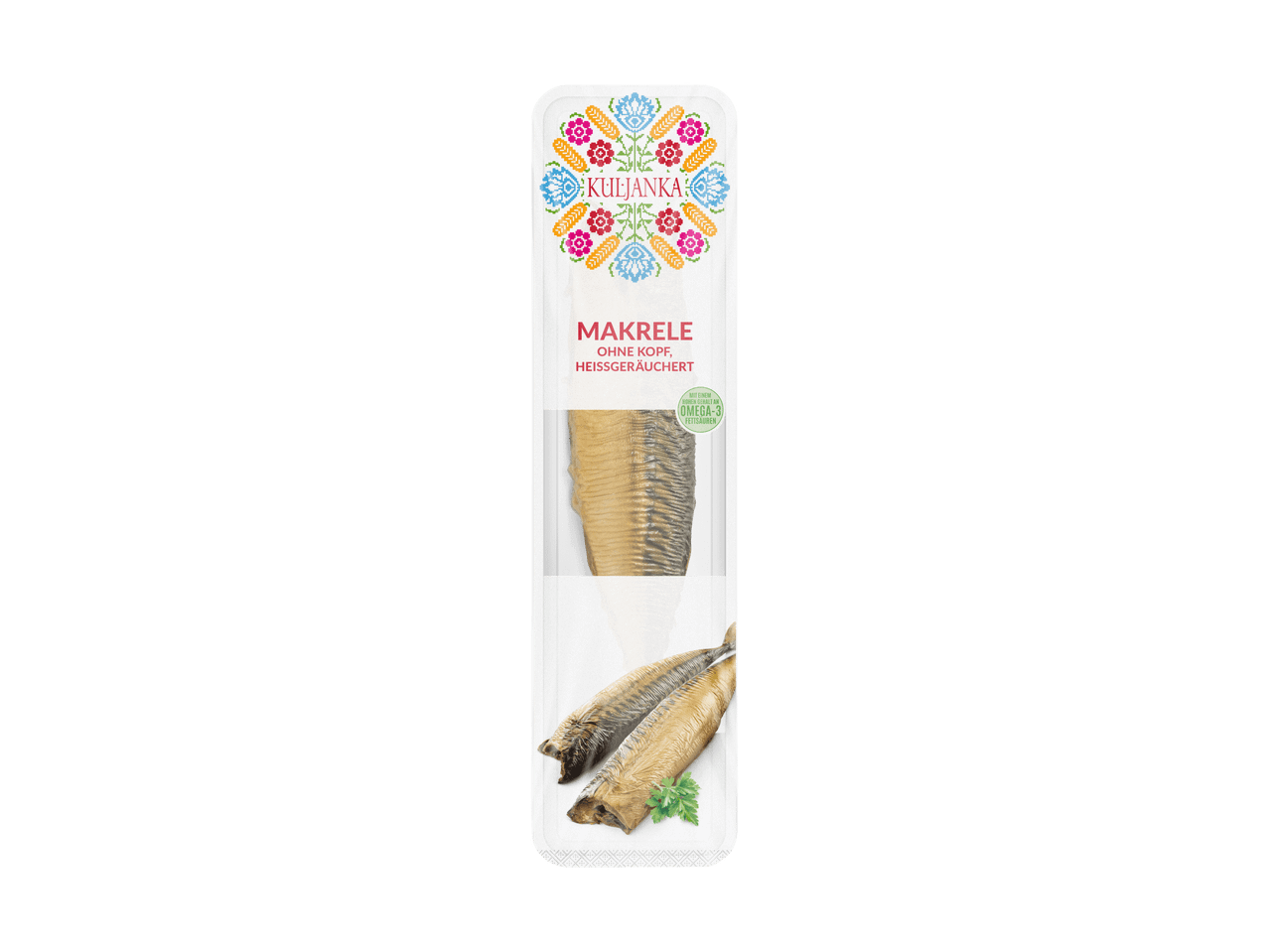 Verpackung mit geräucherter Makrele, kopflos, mit Omega-3-Fettsäuren.