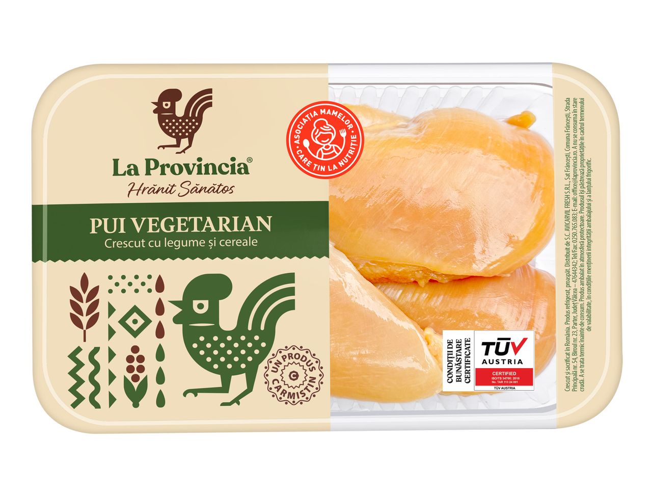 Pui vegetarian La Provincia, crescuți cu legume și cereale, ambalați într-un recipient transparent.