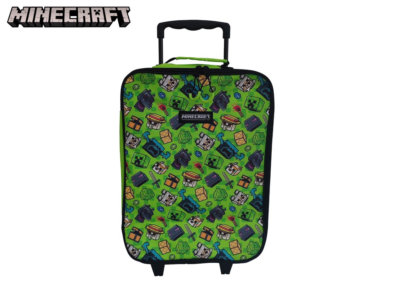 Green suitcase with a pattern of pixelated game characters and items, with a game logo.