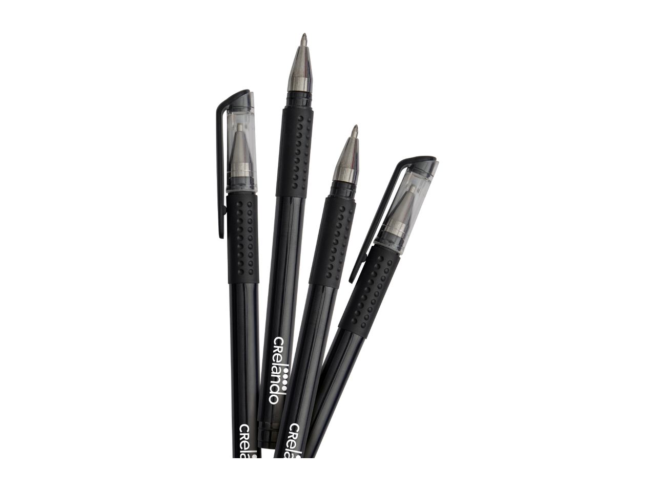 Four black gel pens with clear caps and textured grips, arranged diagonally.