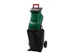 Green garden shredder with a red handle, black collection bag, and wheels.