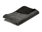 Folded dark grey quilted blanket with a subtle pattern, showing a black underside.