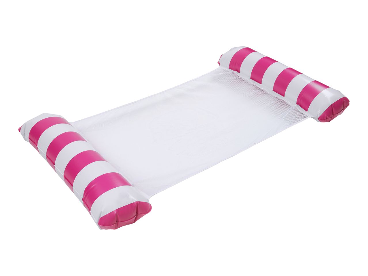 Pink and white striped inflatable pool hammock with a mesh center