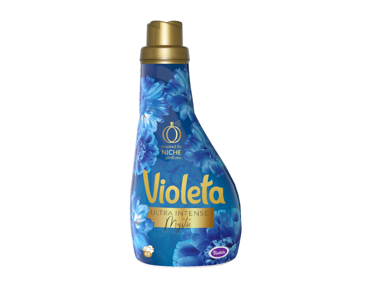 Plavi omekšivač za veš sa cvetnim dezenom i zlatnim natpisima, inspirisan nišnim parfemima.