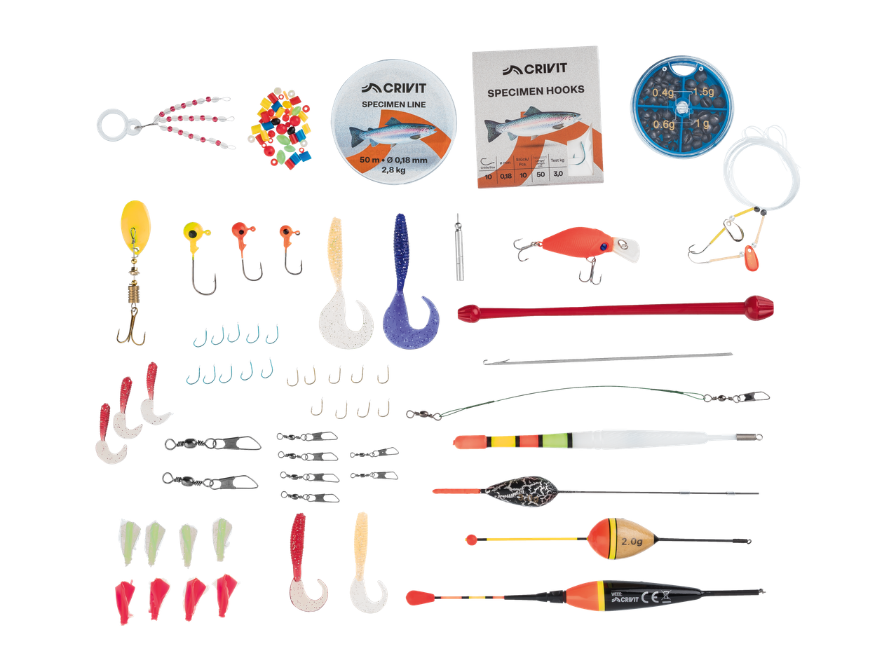 Set de pescuit CRIVIT cu fir, cârlige, plute, momeli și accesorii diverse.