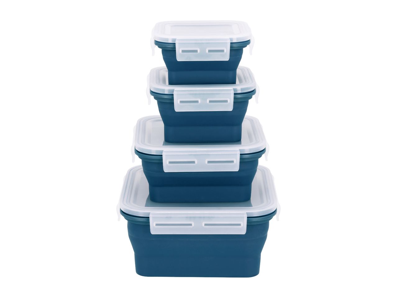 Stack of four collapsible food storage containers with white lids and blue bases.