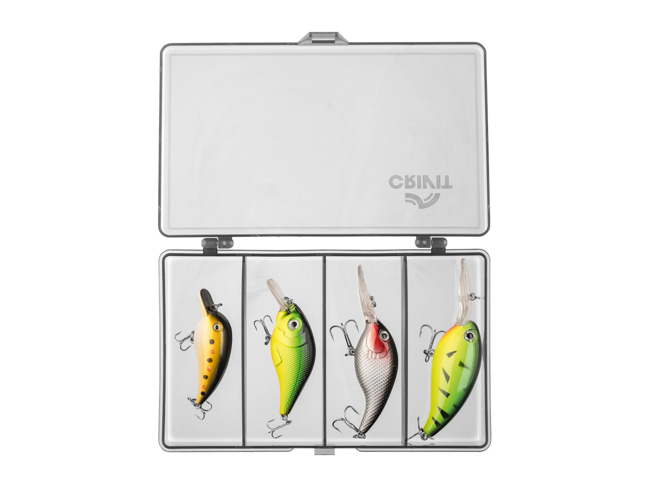 Σετ CRIVIT τεσσάρων πολύχρωμων τεχνητών δολωμάτων ψαρέματος σε διαφανές κουτί.