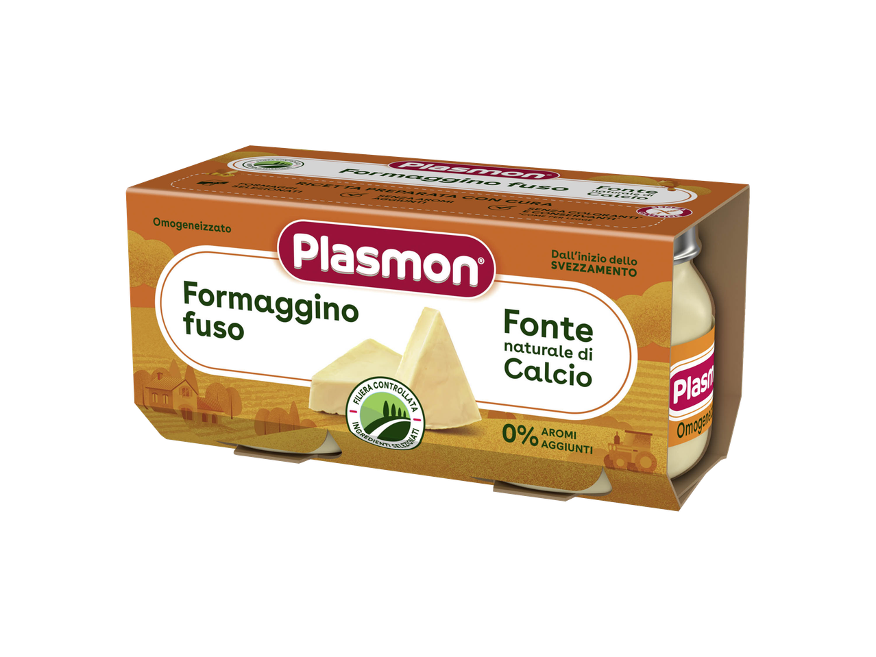 Plasmon Formaggine Fuso, due vasetti di formaggio per bambini.