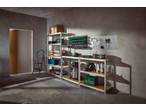 Parkside® Metal Shelving Unit in a garage, filled with tools, storage bins, and a vacuum cleaner.