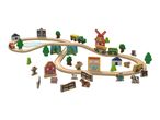 Wooden toy train set with tracks, vehicles, buildings, trees, and farm animals.
