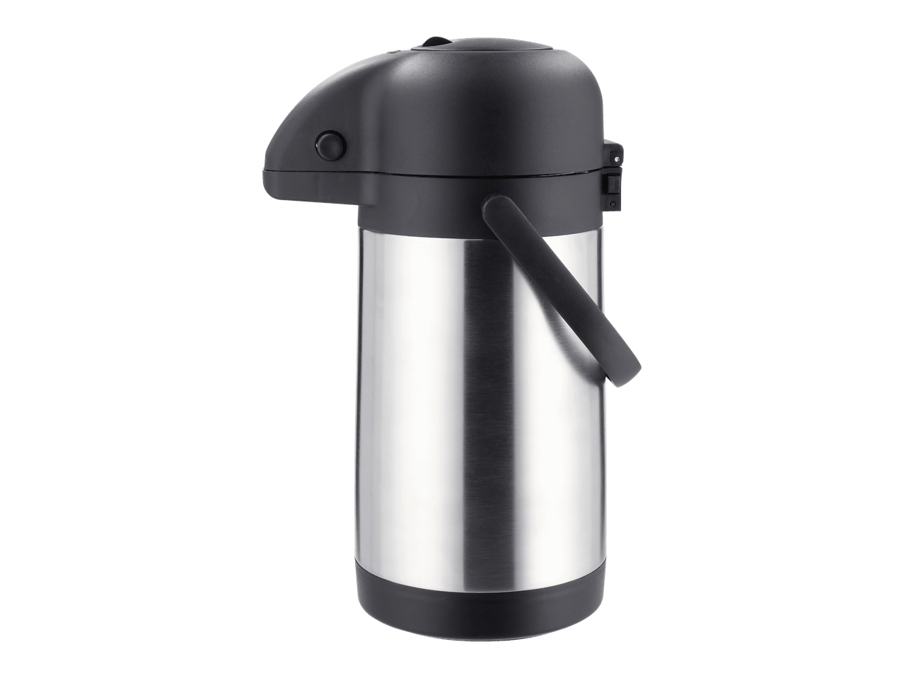 Hopeanvärinen ja musta pumpputermospullo mustalla kahvalla.