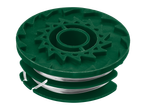 Bobine de fil de coupe-bordure verte avec fil blanc enroulé.