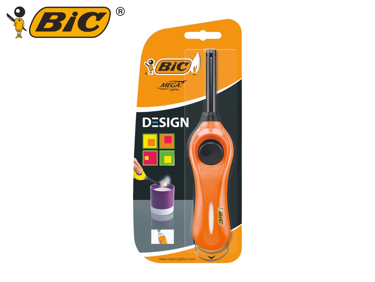 Orange long-reach lighter in blister packaging, with a design theme and a lit candle.