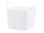 White plastic storage basket with handles
