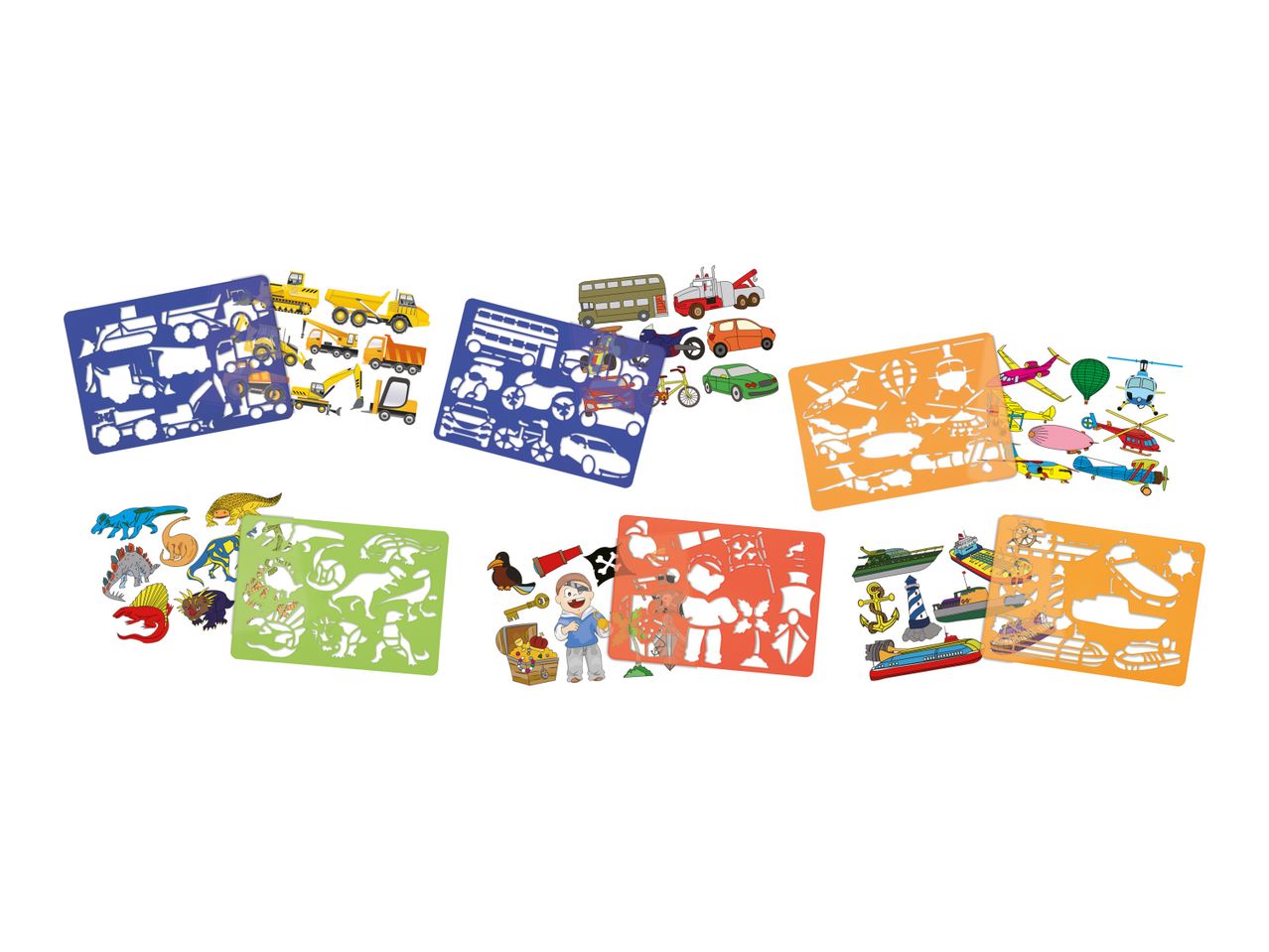 Six colorful stencil sets featuring various animal shapes.