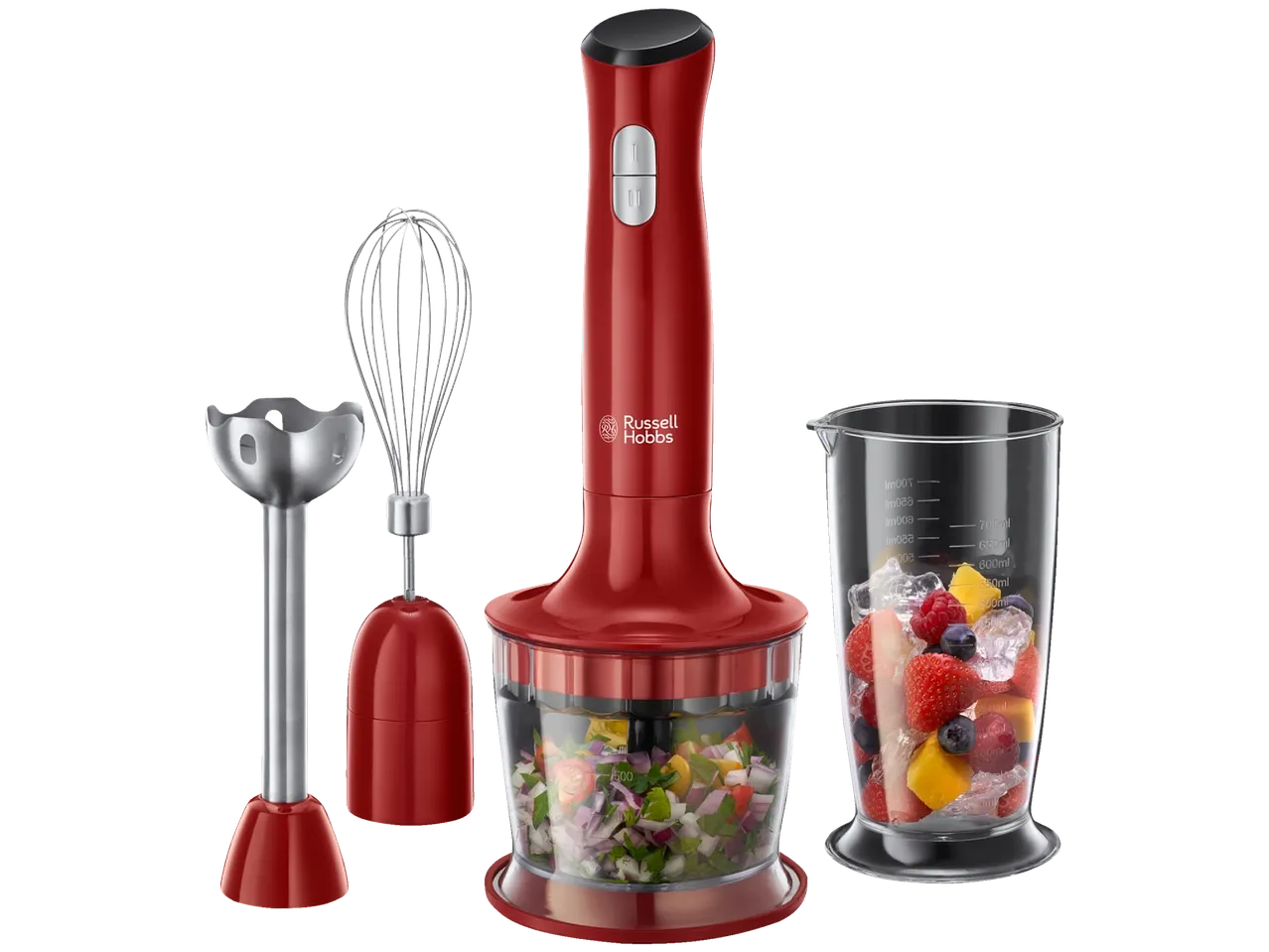 Crveni Russell Hobbs 3-u-1 štapni mikser sa dodacima i sastojcima.