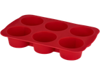 Red silicone baking mold with six round cups