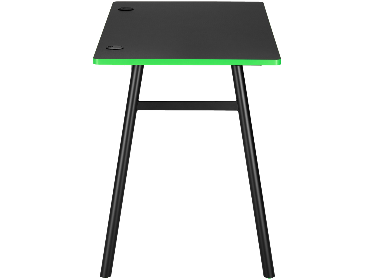 Black gaming table with a vibrant green trim and two cable grommets.