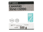 Embalagem de Camarão Cozido ASC 30/40 com detalhes do produto e certificações.
