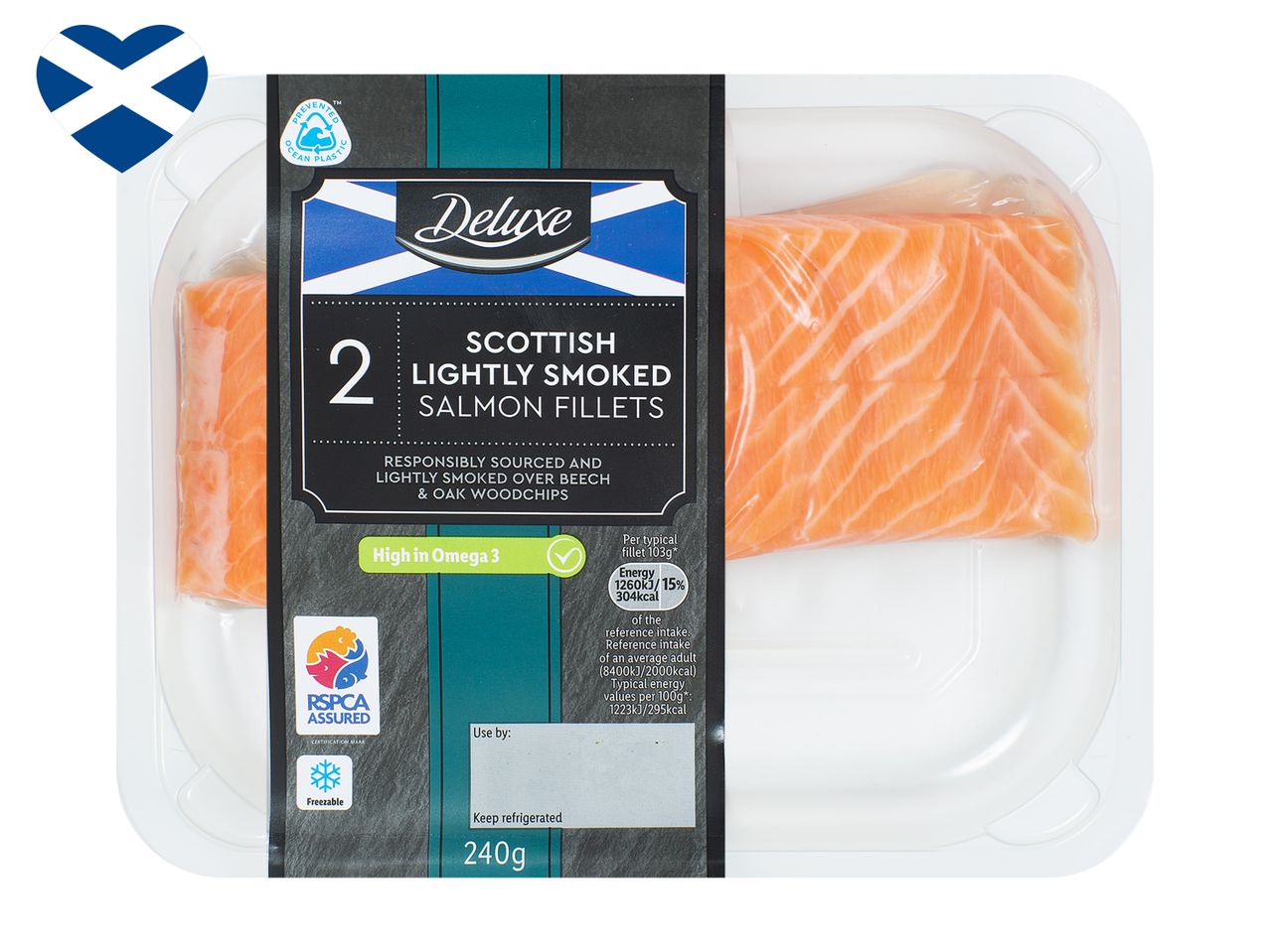 Two lightly smoked Scottish salmon fillets, RSPCA Assured.