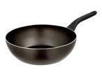 Dark grey wok with a black handle, isolated on a white background.