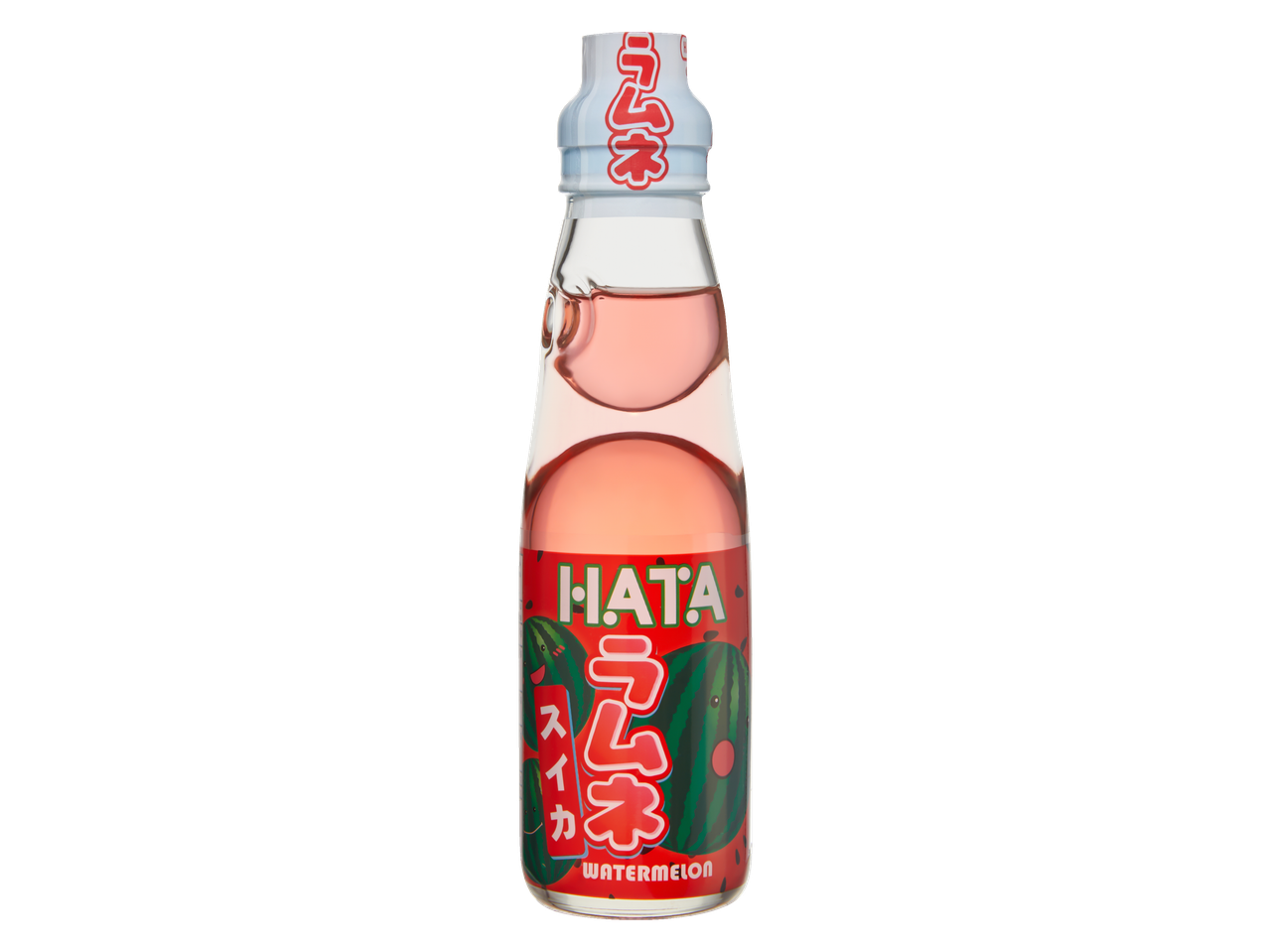 HATA Watermelon Drink in a clear bottle with a red label featuring cartoon watermelons.