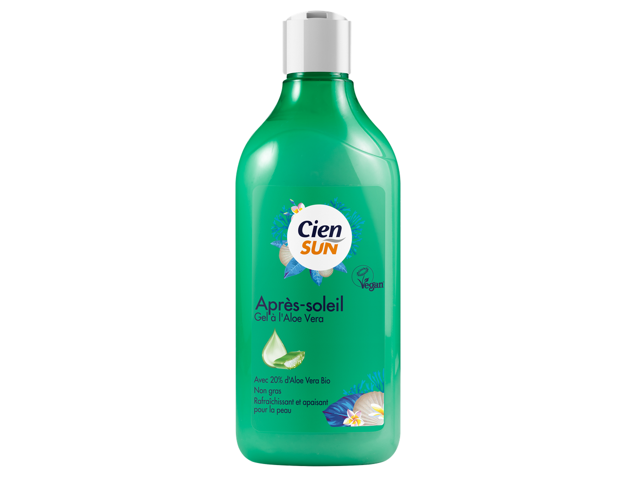 Bouteille de gel après-soleil à l'aloe vera, rafraîchissant et apaisant pour la peau.