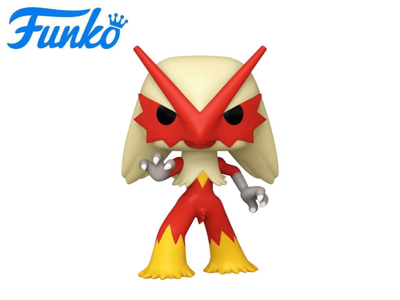 A collectible figure of a red and yellow creature with a fierce expression.