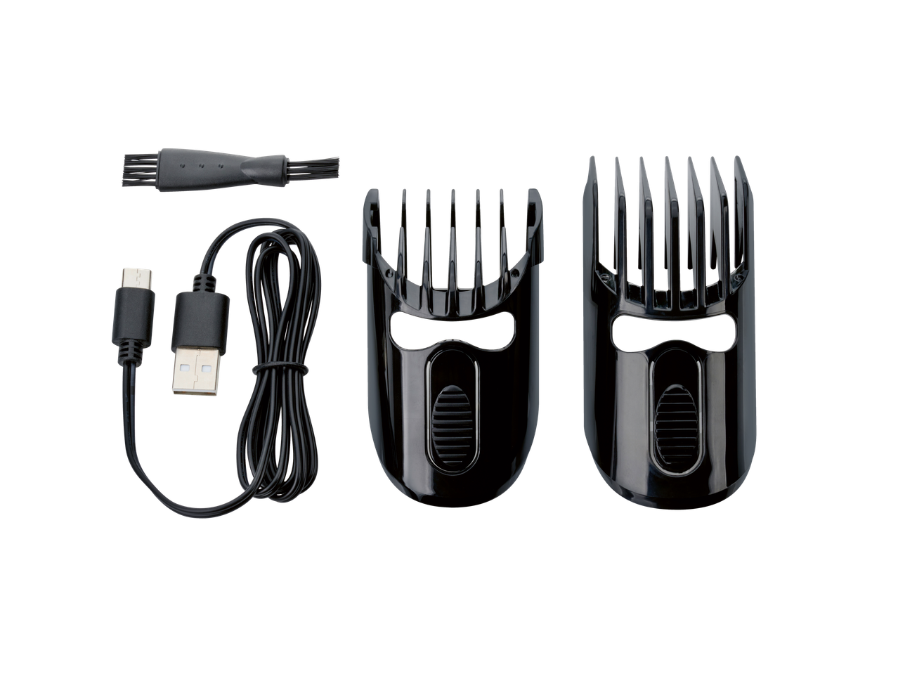 CIEN BEAUTY plaukų kirpimo mašinėlės priedai: du antgaliai, USB įkrovimo laidas ir valymo šepetėlis.