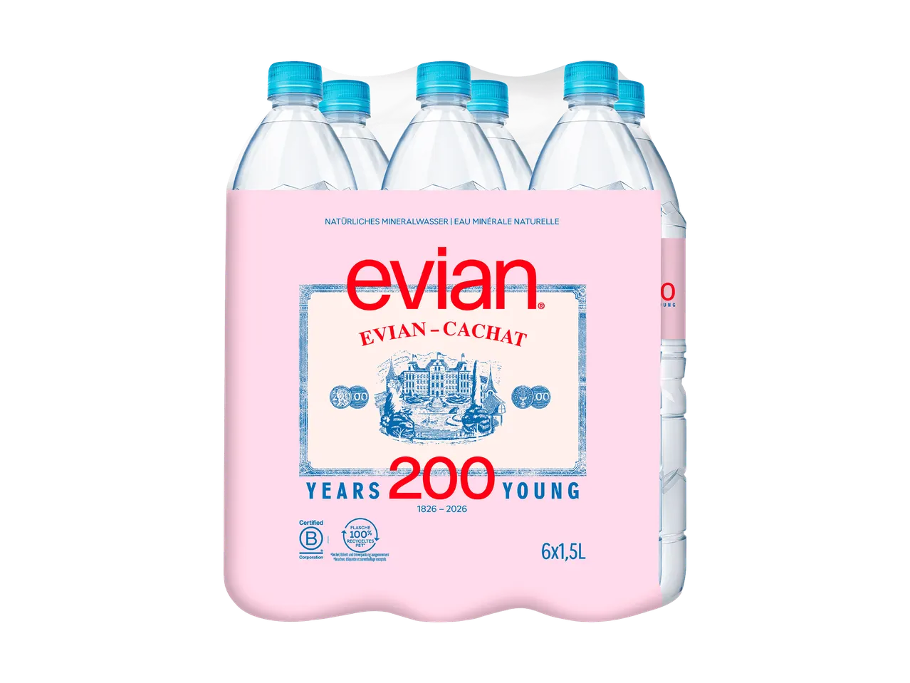 Pack de 6 bouteilles d'eau minérale naturelle de 1,5L, avec une étiquette rose célébrant 200 ans.