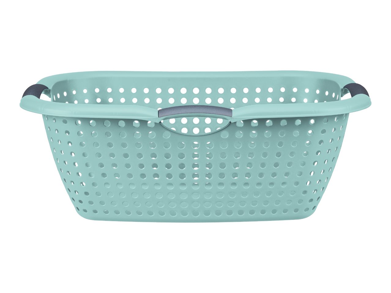 Light blue laundry basket with perforated sides and dark grey handles.